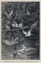 She took off her girdle and tied one end of it round the butterfly (engraving)