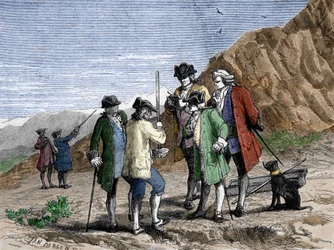 Florin Perier measuring the height Barometer (mercury tube) of Evangelista Torricelli or Toricelli during the experiment on the gravity of the air of Blaise Pascal, at the top of the Puy de Dome (1648). Engraving by Yan Dargent