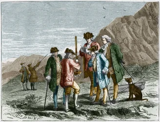 Florin Perier measuring the height of the Barometer (mercury tube) of Evangelista Torricelli during the experiment on the gravity of the air by Blaise Pascal, at the top of the Puy de Dome (1648). Engraving by Yan Dargent