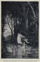 "Six swans, each with a golden circlet round its neck, drew the boat"