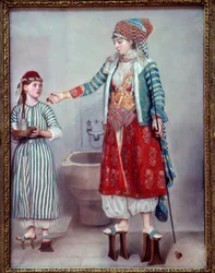Orientalism: Franco lady clothed with the Turkish and her slave. The two women wear wooden platforms used in the hammam