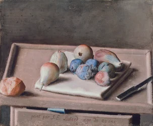 Still Life with Pears, Figs, Prunes, Bread Roll and Knife on Table