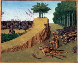 Battle of Roncesvalles (778). Roland died in Roncevaux. Miniature in Grandes Chroniques de France (Folio 113) by Jean Fouquet, BN, Paris