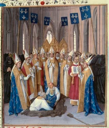 Burial of King Philip IV the Fair at the Basilica Saint Denis. Miniature taken from “The Chronicles of Saint Denis” by Jean Fouquet