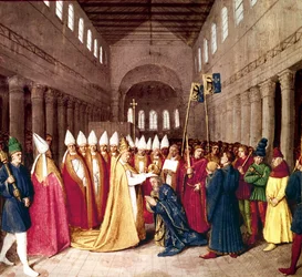 Coronation of Emperor Charlemagne on the 25th December, 800 in Rome by Pope Leo III, illumination from Les Grandes Chroniques de France by Jean Fouquet, c. 1455-1460
