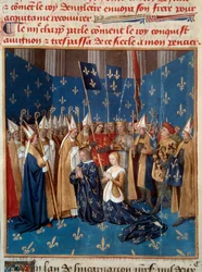 Coronation of Louis VIII and Blanche de Castille in Reims in 1224. Miniature from the manuscript Les Grandes Chroniques de France by Jean Fouquet, 15th century. Paris, B.N.