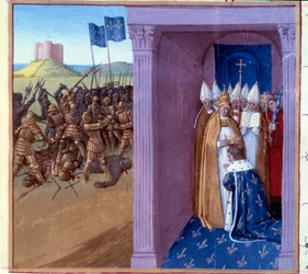 Defeat of Griffon: Fight of Pepin the Short and his brother Griffon. Rings of Pepin the Short to Laon in 754. Miniature in Grandes Chroniques de France (Folio 76) illuminated by Jean Fouquet, Paris, BN