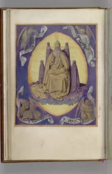 God the Father with symbols of the four Evangelists in the corners. Book of Hours, 1450-1499