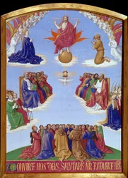 Pentecost: the ascension of the Holy Spirit. Miniature taken from The Book of Hours of Etienne Chevalier by Jean Fouquet