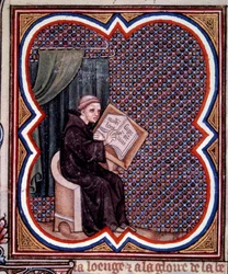 Primate writing the great chronicles of France at the abbey of Saint Denis. Miniature from the manuscript by Jean Fouquet Grandes Chroniques de France. Paris, BN