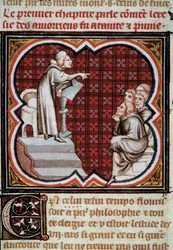 The French philosopher and theologian Amaury de Chartres (or Amaury de Bene or Amalricus de Bene) in front of his disciples (the Amauricians). Miniature from Les Grandes Chronicles de France illuminated by Jean Fouquet