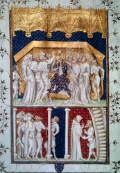 The coronation of Charles VI (1368-1422) by the peers of France on 16/09/1380. Miniature from the "Grandes Chroniques de France", 15th century, Paris, Bibliothèque nationale