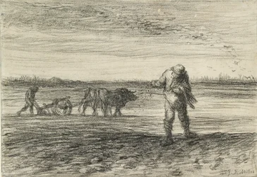 Man ploughing and another sowing