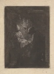 Two Women Sewing by Lamplight, ca. 1853
