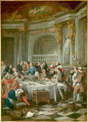Oyster Breakfast. A group of nobles, exclusively men, indulging in gastronomic debauchery of oysters and alcohol. Painting by Jean François de Troy (1679-1752), 1735. Sun. 1.80 x 1.26 m. Chantilly, Musée Condé - The Oyster Lunch. An all-male oyster