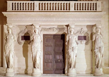 Renaissance architecture: the balcony of the Cariatides. Stone sculpture by Jean Goujon (16th century) Paris, Louvre Museum