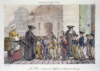 Ancien Metier de Rue in Paris: Les Freres Driving the Children to Saint Nicolas des Champs, Ecole Catholique