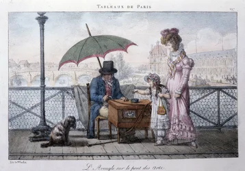 Old street scene in Paris: blind beggar on the bridge of the arts. Engraving by Jean Henry Marlet in 