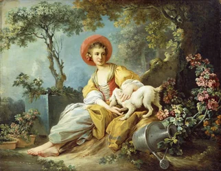 A Young Woman Seated with a Dog and a Watering Can in a Garden