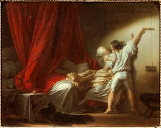 The Romantic Scene lock depicting a young man preventing his mistress from leaving the bedroom in bed. Painting by Jean-Honoré Fragonard (1732-1806), 18th century. Dimensions 0.73 x 0.93 m.
