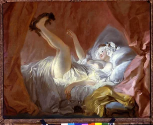 The gimblette. The gimblette is a pastry in the shape of rings. The girl plays lying on her bed with a dog by handing her this cookie. Painting by Jean Honore Fragonard (1732-1806), Paris Fond Cailleux