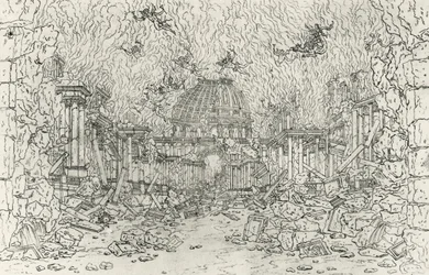 Destruction of the building, sketch by Jean Berain, for Armide, by Jean-Baptiste Lully, France