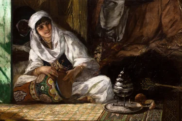 Interior of a Harem in Morocco, Detail: Woman Playing the Derbouka
