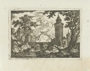 Tower and Stone Bridge in a Mountain Landscape