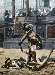 Gladiators in the Roman Arena. Spectators are warning the winner not to spare his opponent he beat, and put him to death. Engraving after a detail of the painting by Jean Leon Gerome (1824-1904)