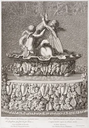 Fountain with two cupids playing with a gryphon, by Benoit Massou, at Versailles