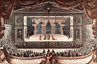The Imaginary Invalid by Moliere in Versailles (coloured engraving)