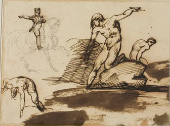 Study of Napoleon on Horseback with Sketches of Nudes Among Rocks