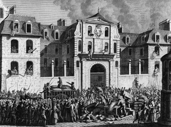 French Revolution: Pillage of the house Saint Lazare in Paris on Monday 13 July 1789 by the revolutionaries. Engraving by Berthaut after Prior. Paris, Library of the Institute of History of Revolution