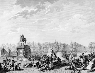 French Revolution: Place Louis XV, the dragons of Charles Eugene de Lorraine, Prince of Lambesc (1754-1825) loaded a cortege carrying the busts of Jacques Necker (1732-1804) and the Duke of Orleans on 12 July 1789. Engraving by Berthaut after Prior. Paris