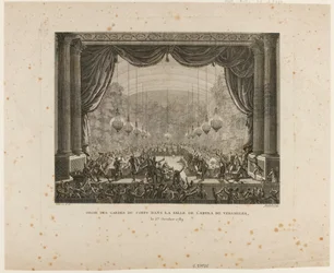 Feast of the Bodyguards, Flanders regiments, Montmorency dragoons and National Guards of Versailles. Trampling the National Cockade, they display the black cockade, a sign of the "Aristocratic Confederation"