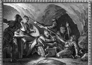 Assassination of Waifre (or Gaifier), Duke of Aquitaine (767 or 768). Engraving by Romanet after Moreau le Jeune (1779).