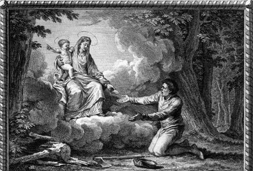 Truce of the Lord under Henry I in 1004: The Virgin appearing at the Timberman, near Puy-en-Velay (Haute Loire), gives her a medal and orders her to work for Peace: this is the starting point of the Truce of God set up in 1044. Engraving.