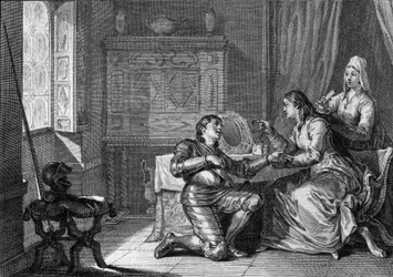 A woman offers a fabric bracelet of her hair to a knight as a pledge of love. 10th-11th century. Engraving by Jean Michel Moreau, dit Moreau le Jeune (1741-1814)