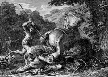 Carloman II died (867-884) in a hunting game, 884. Wanting to help the king attacked by a wild boar, a servant accidentally shoves his spear into his thigh. Engraving by Jean Michel Moreau, dit Moreau le Jeune (1741-1814)