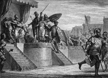 End of the Merovingian dynasty, 751: deposition of King Childeric III by Pepin the Brief. Engraving by Jean Michel Moreau, dit Moreau le Jeune