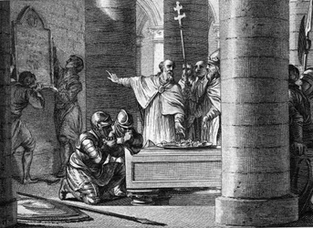 Fulrade (Fulrad), the Great Chaplain of Pepin the Brief, Offered Pope Stephen II the Keys to Fifteen Cities Taken from the Lombards that Would Form the Basis of the Pontifical State (755). On Their Knees, the Two Sons of Pepin le Brief: Charles and Carloma