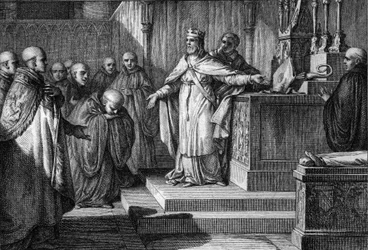 Hugues Capet (941-996) re-established the canonical elections: the king of the Franks allowed the monks to elect their abbots by placing on an altar a crosier and a mitre. Engraving by Jean Michel Moreau, dit Moreau le Jeune (1741-1814)