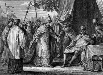 Interview between Pope Gregory IV and Louis I the Pious in 833, in order to settle the dispute between the king and his sons, Lothaire, Pepin and Louis. Engraving by Jean Michel Moreau, dit Moreau le Jeune