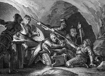 Union of the Duchy of Aquitaine with the Crown: Assassination of Waifre (or Gaifier), Duke of Aquitaine (767 or 768). Engraving by Romanet after Moreau le jeune (1779).
