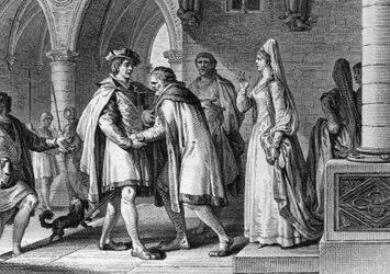 Philip I (1052-1108), King of the Francs, visiting the court of the Count of Anjou, Foulques le Rechin (1042-1109). This journey is a pretext for arranging his marriage to Bertrade de Montfort (around 1070-1118), wife of Count. 1095. Engraving by Jean Mich