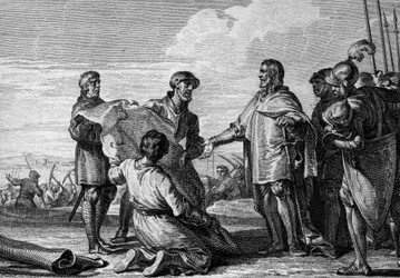 Project of a canal between the Rhine and the Danube, 793: Charlemagne (747-814) visiting the canal site to connect the North Sea to the Black Sea. Engraving by Jean Michel Moreau, dit Moreau le Jeune (1741-1814)