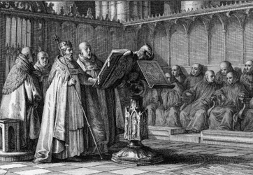 Robert II the Pious (970-1031), King of the Franks, singing at a religious service in front of a lectern. He wears his crown and holds his sceptre. Engraving by Jean Michel Moreau, dit Moreau le Jeune (1741-1814)