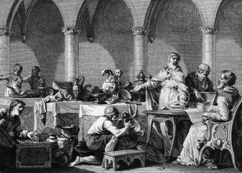 Sharing of the treasures of Dagobert I (602/605-638), King of the Franks, after his death, under the control of the two mayors of the palace Pepin of Landen and Aega. Engraving by Jean Michel Moreau, known as Moreau the Younger (1741-1814)