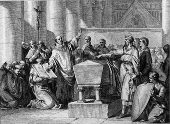 Submission of the Gascons to the Kingdom of the Franks represented by Pepin de Landen, 635. Engraving by Jean Michel Moreau, dit Moreau le Jeune (1741-1814)