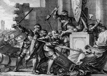 War Against the Saxons: Destruction of the Temple and Idol of Irmensul by the Army of Charlemagne - Engraving by Jean Michel Moreau